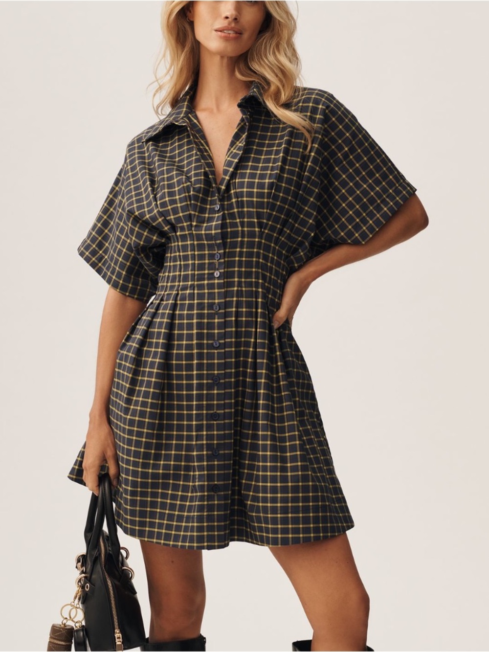 Exquise Tobie Short-Sleeve Pleated Mini Shirt Dress Navy Plaid Anthropologie - Picture 4 of 13
